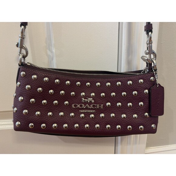 Coach CM031 Charlotte Leather Shoulder Crossbody Bag Rivets Deep Berry Studded - Picture 2 of 14